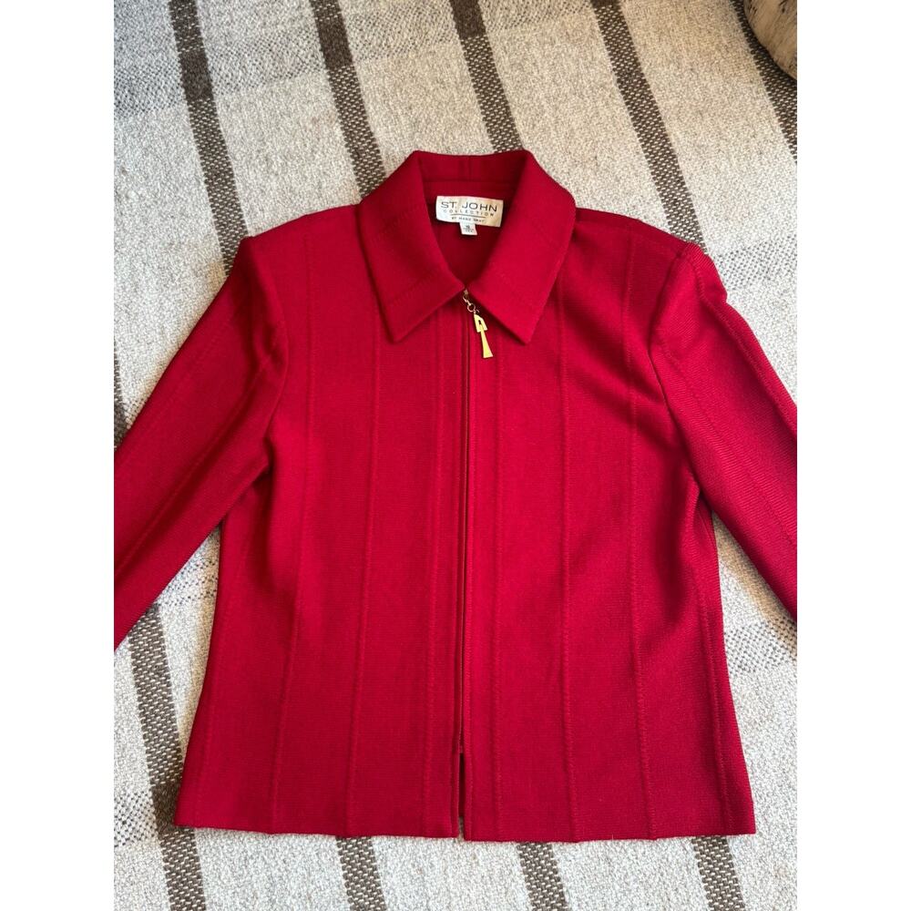 St John Marie Gray Red Jacket Bell Sleeve 10 Zip Large Crop Blazer Wool Vintage - Picture 2 of 10
